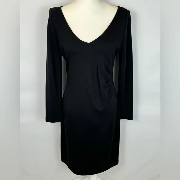 St. John Wool Blend Faux Wrap Knit Dress Black V-neck Long Sleeve Size 6