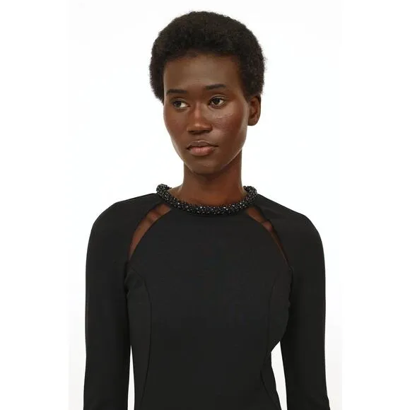 Stella McCartney Black Embellished Neck Mesh Insert Knee Length Dress Size 44