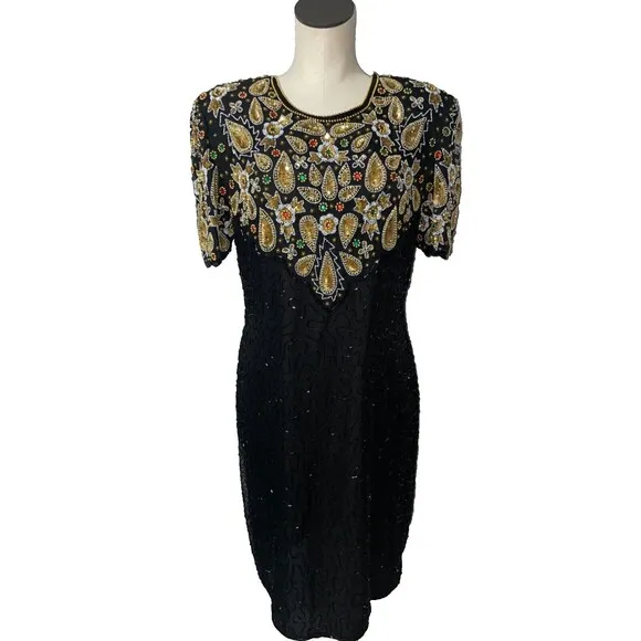 Stenay Vintage Silk All-Over Embellished Midi Dress size 12 NWT Made in India