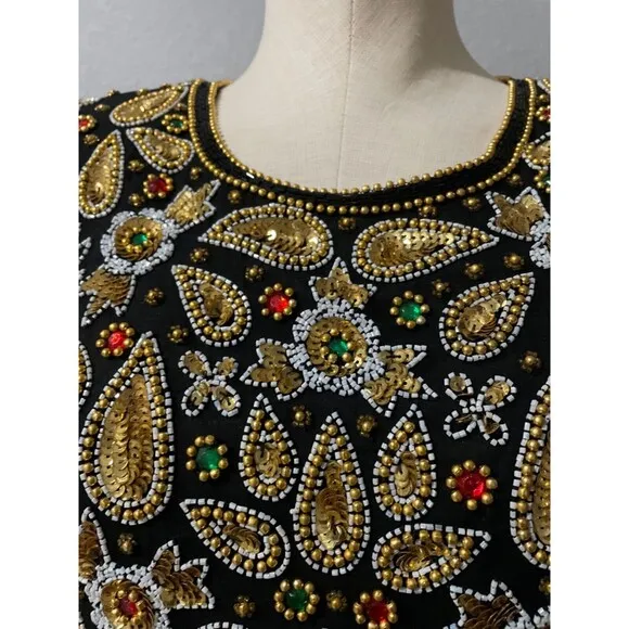 Stenay Vintage Silk All-Over Embellished Midi Dress size 12 NWT Made in India