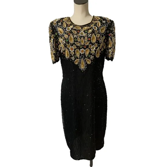Stenay Vintage Silk All-Over Embellished Midi Dress size 12 NWT Made in India
