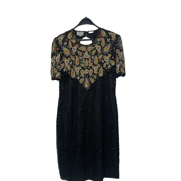 Stenay Vintage Silk All-Over Embellished Midi Dress size 12 NWT Made in India