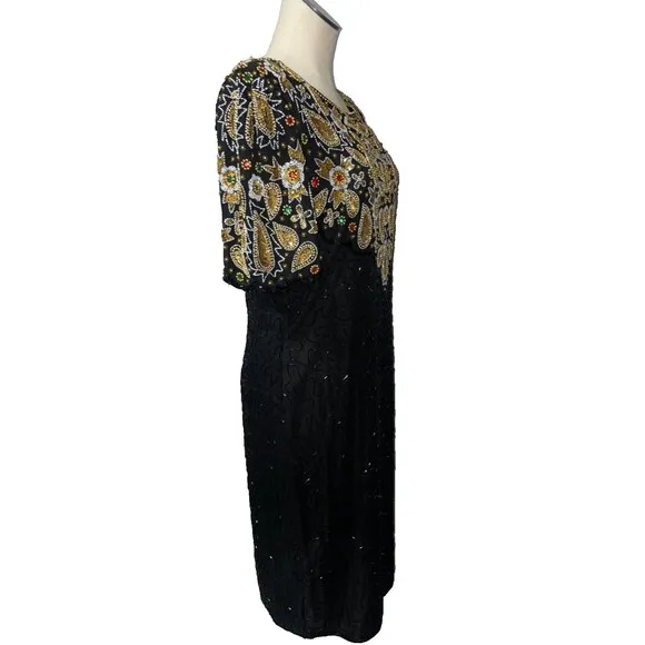Stenay Vintage Silk All-Over Embellished Midi Dress size 12 NWT Made in India