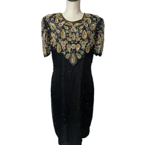 Stenay Vintage Silk All-Over Embellished Midi Dress size 12 NWT Made in India