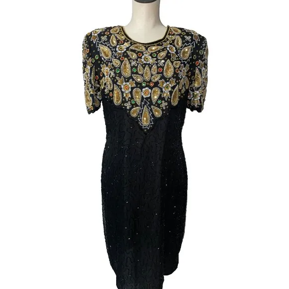Stenay Vintage Silk All-Over Embellished Midi Dress size 12 NWT Made in India