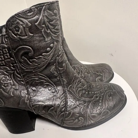 Sterling River Boots Sz 8M Gray Tooled Festival Leather Zip Ankle Western Boho