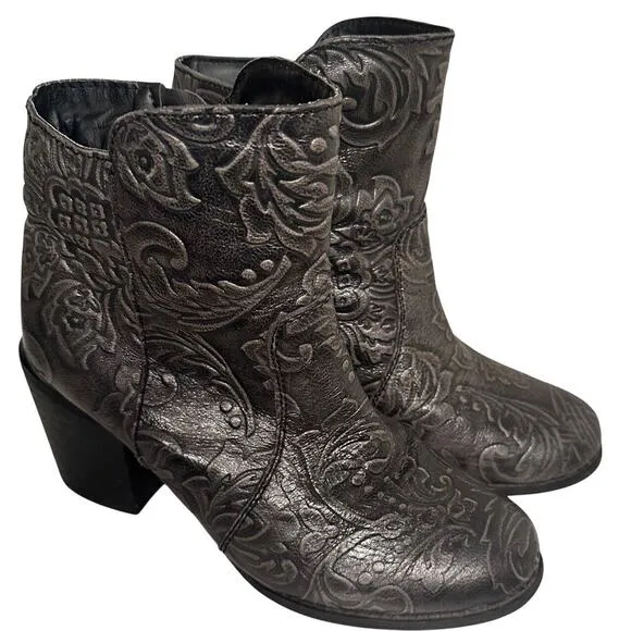 Sterling River Boots Sz 8M Gray Tooled Festival Leather Zip Ankle Western Boho