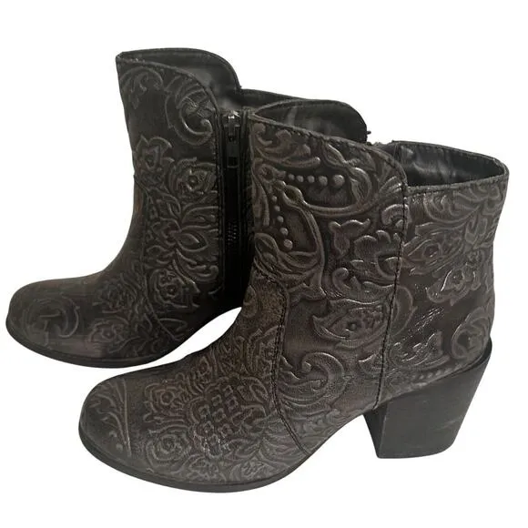 Sterling River Boots Sz 8M Gray Tooled Festival Leather Zip Ankle Western Boho