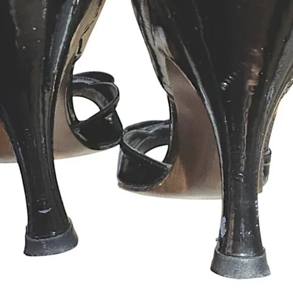 Stuart Weitzman Black Patent Leather Cut Out Peep Toe Heel Grosgrain Bow Size 9N