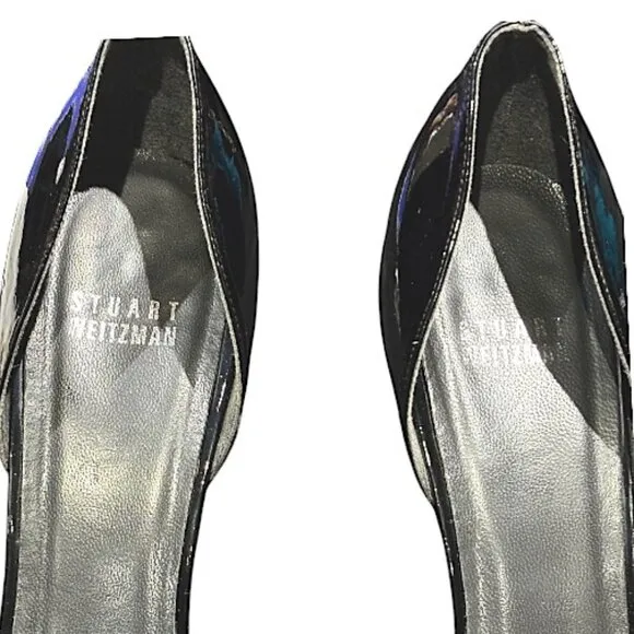 Stuart Weitzman Black Patent Leather Cut Out Peep Toe Heel Grosgrain Bow Size 9N