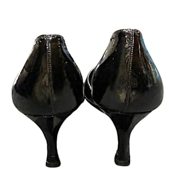 Stuart Weitzman Black Patent Leather Cut Out Peep Toe Heel Grosgrain Bow Size 9N