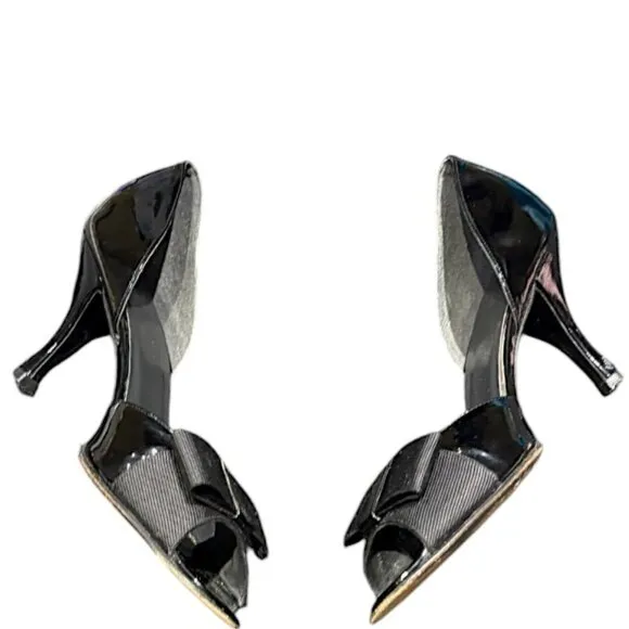 Stuart Weitzman Black Patent Leather Cut Out Peep Toe Heel Grosgrain Bow Size 9N