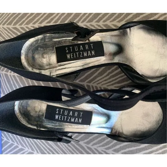STUART WEITZMAN BLACK SATEEN ROUND TOE buckle DRESSY party PUMPS HEELS SHOES 7.5