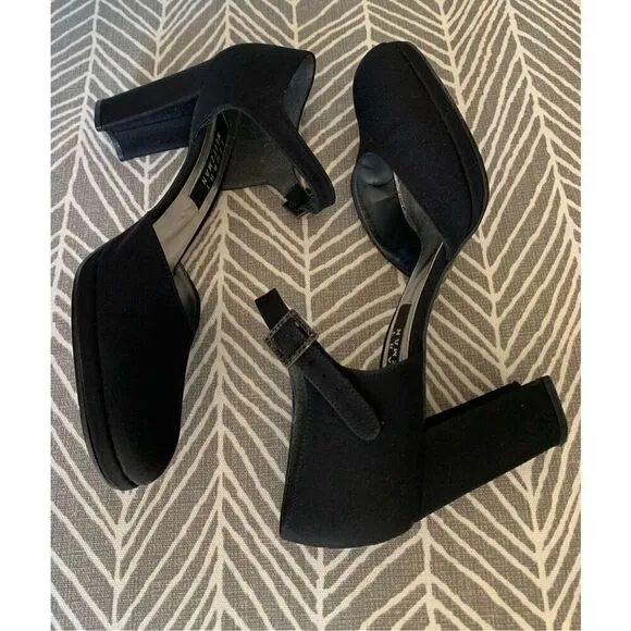 STUART WEITZMAN BLACK SATEEN ROUND TOE buckle DRESSY party PUMPS HEELS SHOES 7.5