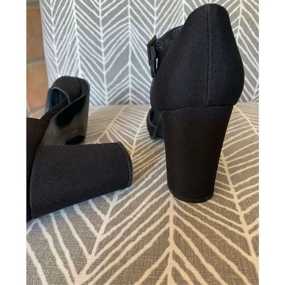 STUART WEITZMAN BLACK SATEEN ROUND TOE buckle DRESSY party PUMPS HEELS SHOES 7.5