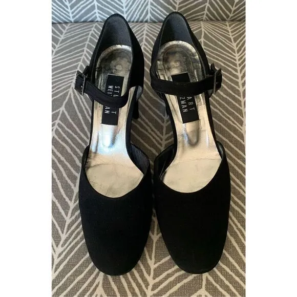 STUART WEITZMAN BLACK SATEEN ROUND TOE buckle DRESSY party PUMPS HEELS SHOES 7.5