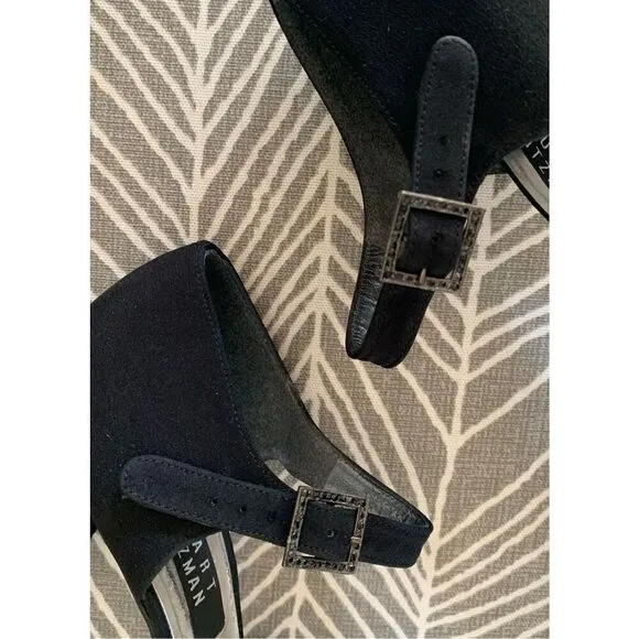 STUART WEITZMAN BLACK SATEEN ROUND TOE buckle DRESSY party PUMPS HEELS SHOES 7.5