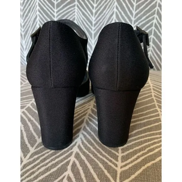 STUART WEITZMAN BLACK SATEEN ROUND TOE buckle DRESSY party PUMPS HEELS SHOES 7.5