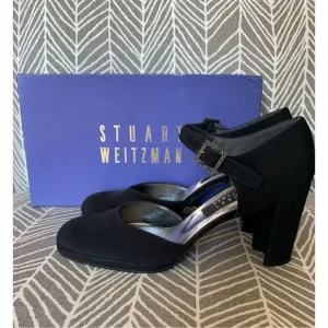 STUART WEITZMAN BLACK SATEEN ROUND TOE buckle DRESSY party PUMPS HEELS SHOES 7.5