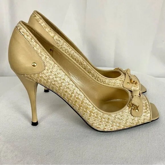 Stuart Weitzman Peep Toe Pumps Sz 10 Tan Cream Woven Dressy Heels Shoes