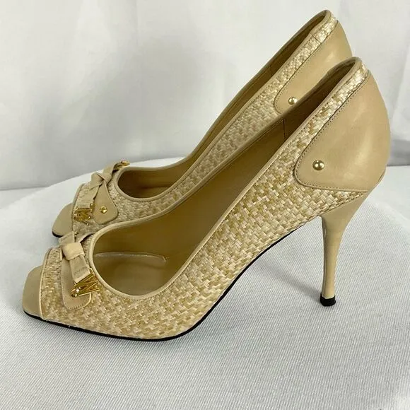 Stuart Weitzman Peep Toe Pumps Sz 10 Tan Cream Woven Dressy Heels Shoes