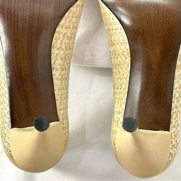 Stuart Weitzman Peep Toe Pumps Sz 10 Tan Cream Woven Dressy Heels Shoes
