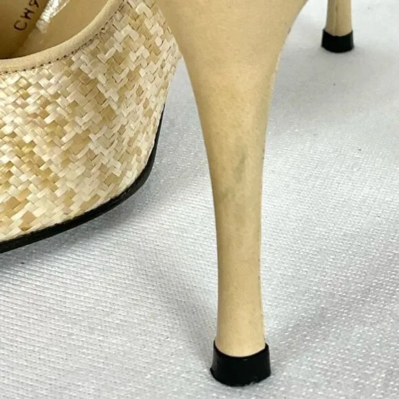 Stuart Weitzman Peep Toe Pumps Sz 10 Tan Cream Woven Dressy Heels Shoes