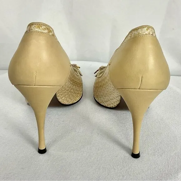 Stuart Weitzman Peep Toe Pumps Sz 10 Tan Cream Woven Dressy Heels Shoes