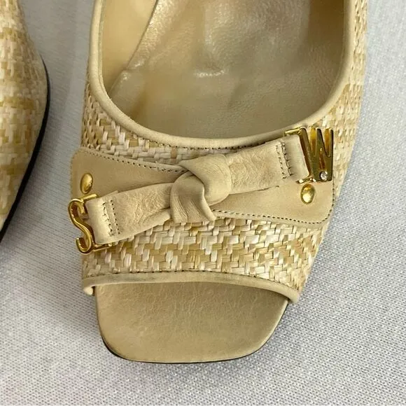 Stuart Weitzman Peep Toe Pumps Sz 10 Tan Cream Woven Dressy Heels Shoes