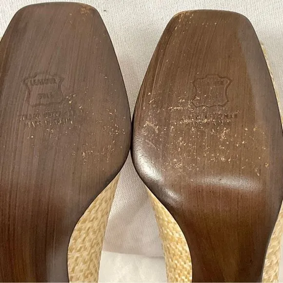 Stuart Weitzman Peep Toe Pumps Sz 10 Tan Cream Woven Dressy Heels Shoes