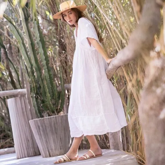Sunday Saint Tropez Dress Maxi 100% Linen Long Cover-up Luxury One Size Italy