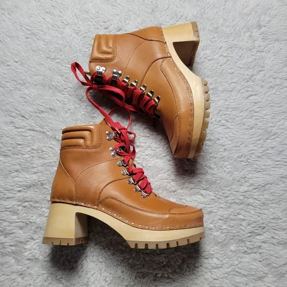 Swedish Hasbeens Trail Boots Women's 38 / 8 Brown Red Lace Up Leather