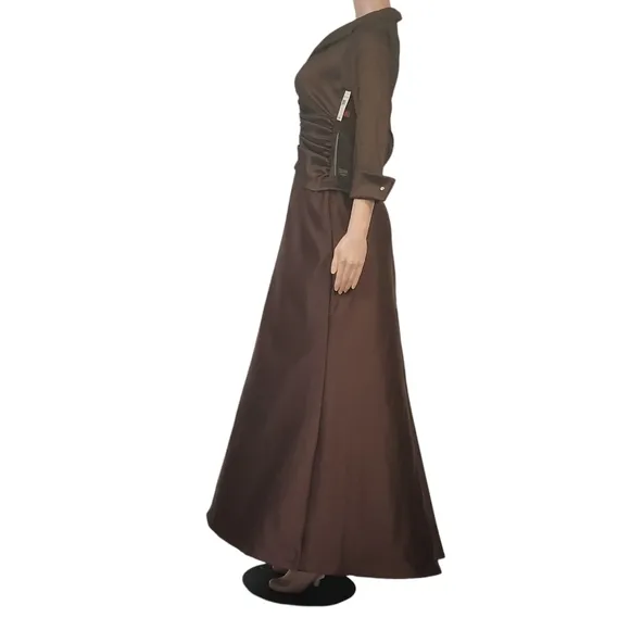 Tadashi Brown Satin Long Formal Modest Luxury Dress Sz 8