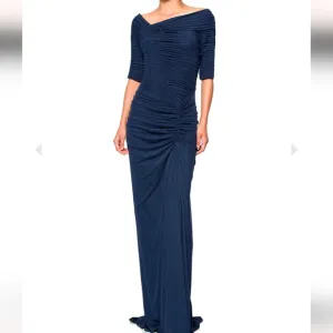 Tadashi Shoji Asymmetrical Ruched Navy Blue Maxi Dress Size‎ Small