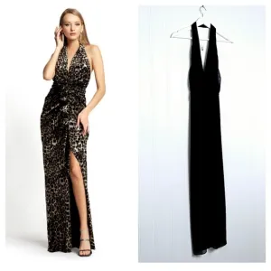 Tadashi Shoji Maxi Dress Womens Size L Black Halter Neck Open Back Front Ruched