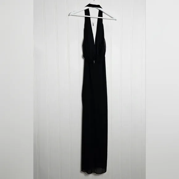 Tadashi Shoji Maxi Dress Womens Size L Black Halter Neck Open Back Front Ruched
