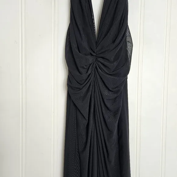 Tadashi Shoji Maxi Dress Womens Size L Black Halter Neck Open Back Front Ruched