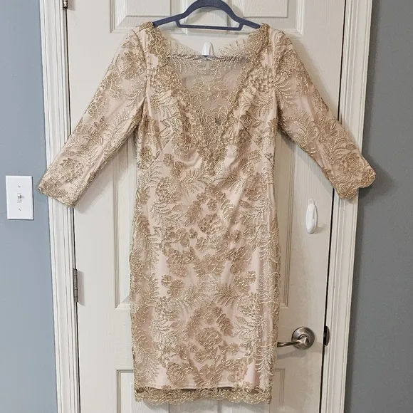 Tadashi Shoji Zuri Vintage Gold Dress Elegant Wear Luxury Wedding Preppy