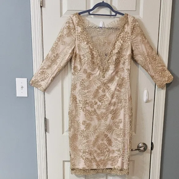 Tadashi Shoji Zuri Vintage Gold Dress Elegant Wear Luxury Wedding Preppy