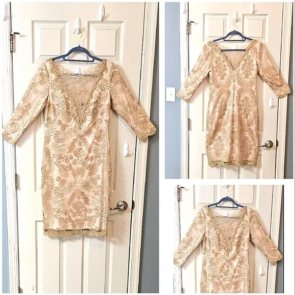 Tadashi Shoji Zuri Vintage Gold Dress Elegant Wear Luxury Wedding Preppy