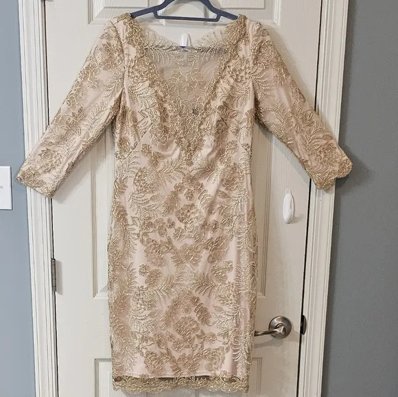 Tadashi Shoji Zuri Vintage Gold Dress Elegant Wear Luxury Wedding Preppy