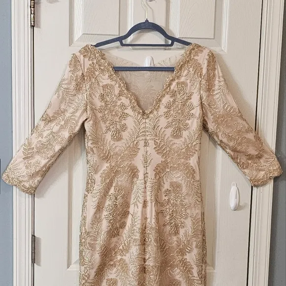 Tadashi Shoji Zuri Vintage Gold Dress Elegant Wear Luxury Wedding Preppy