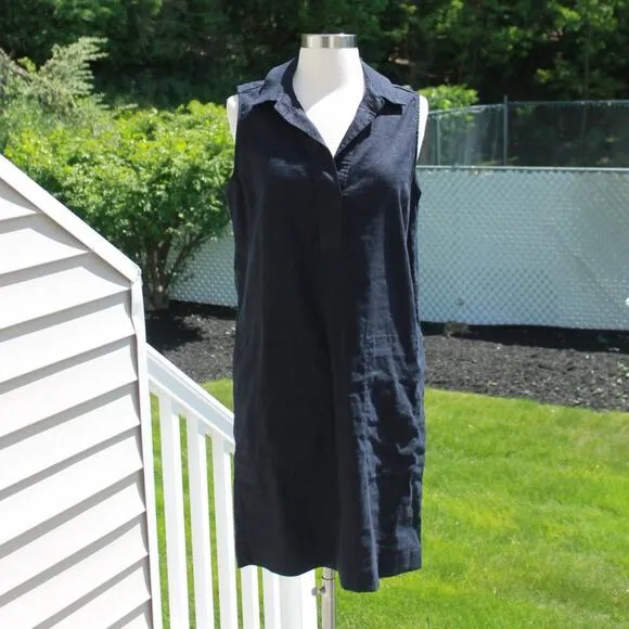 Tahari Women's Linen Shirt Dress Navy Blue Office Beach Midi Pockets Size 8