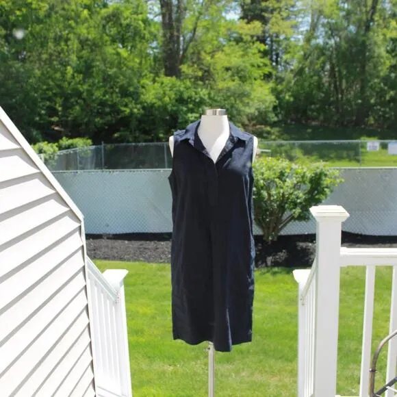 Tahari Women's Linen Shirt Dress Navy Blue Office Beach Midi Pockets Size 8