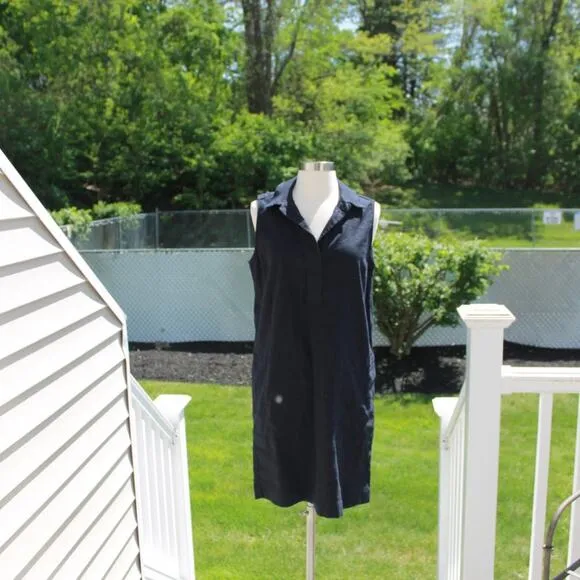 Tahari Women's Linen Shirt Dress Navy Blue Office Beach Midi Pockets Size 8