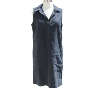 Tahari Women's Linen Shirt Dress Navy Blue Office Beach Midi Pockets Size 8