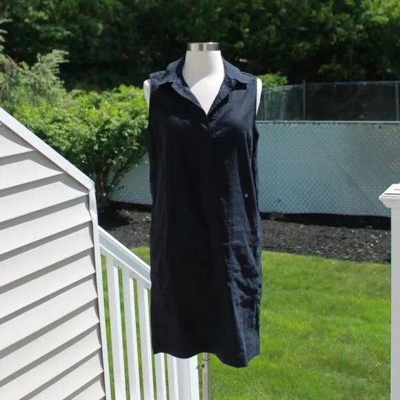 Tahari Women's Linen Shirt Dress Navy Blue Office Beach Midi Pockets Size 8
