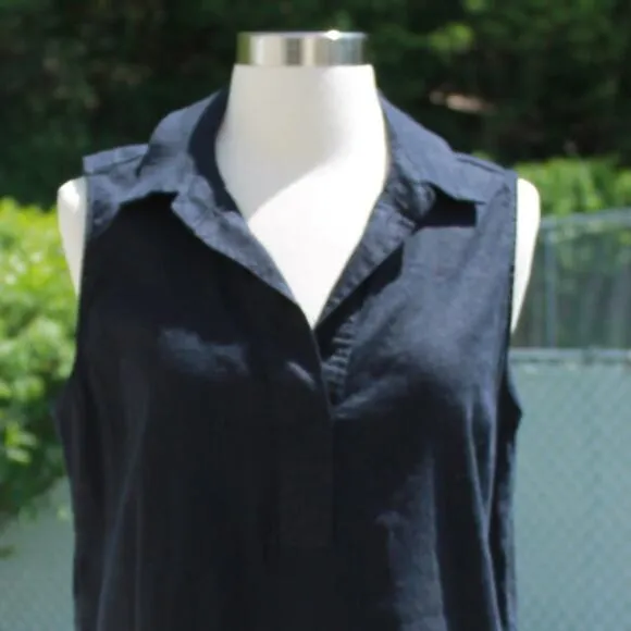 Tahari Women's Linen Shirt Dress Navy Blue Office Beach Midi Pockets Size 8