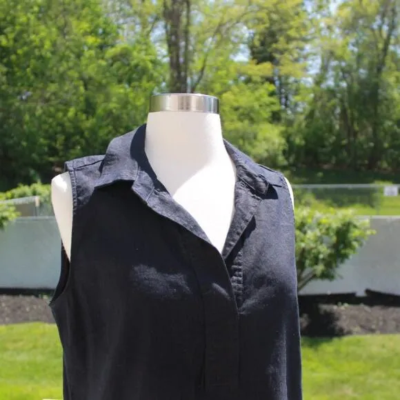 Tahari Women's Linen Shirt Dress Navy Blue Office Beach Midi Pockets Size 8