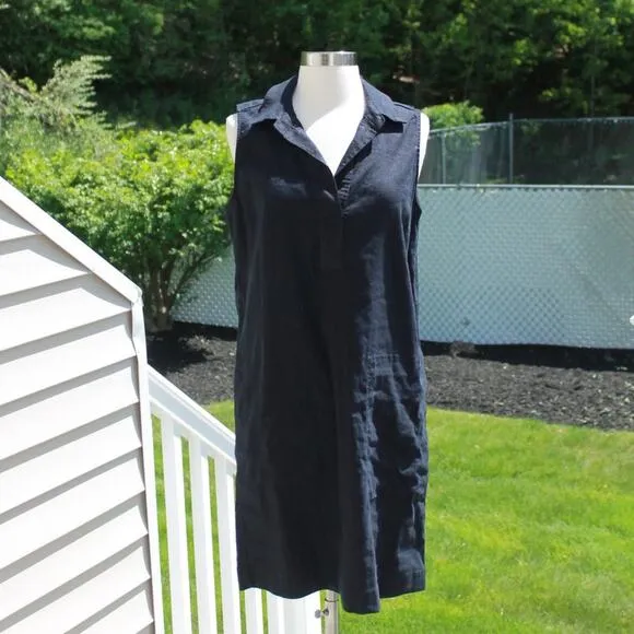 Tahari Women's Linen Shirt Dress Navy Blue Office Beach Midi Pockets Size 8
